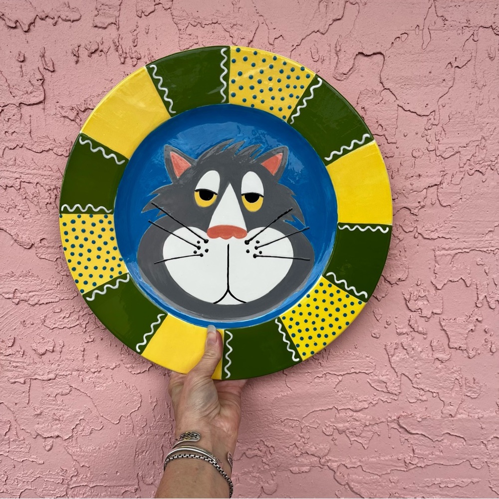 Handcrafted Hand Painted Platter Plate Home Decor Cat Kitty Cartoon